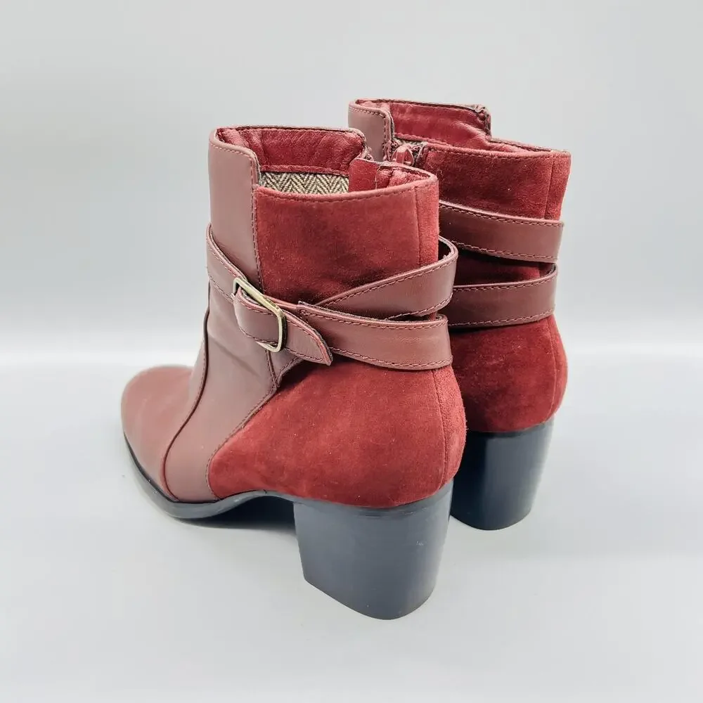 Aetrex Boots Womens 7.5 Red Leather Rebecca Ankle Buckle Zip Block Heel Booties